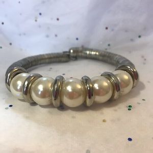 Silvertone pearl soft cuff bracelet